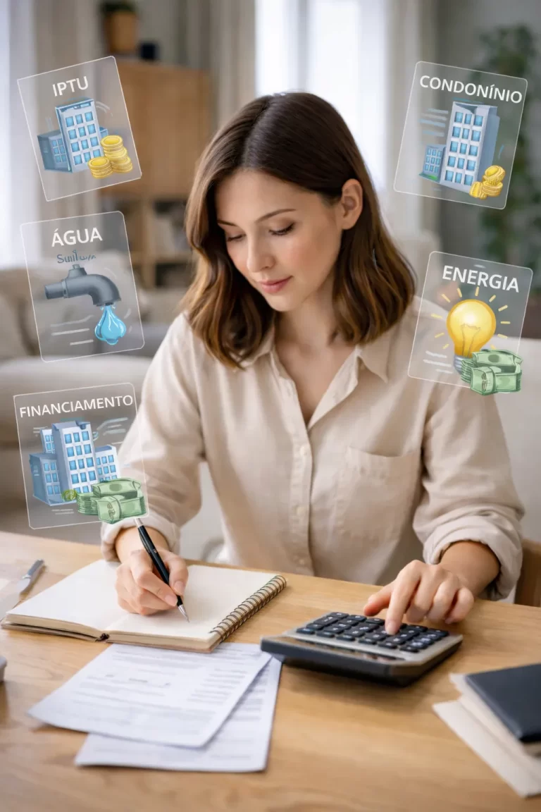 uma mulher calculando custos para manter um apartamento financiado