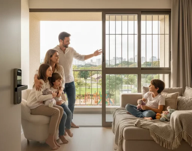 uma família escolhendo o apartamento ideal